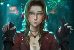  1boy 1girl aerith_gainsborough bangle black_gloves blurry blurry_background blush bracelet brown_hair character_name choker cloud_strife dialogue_box dress final_fantasy final_fantasy_vii final_fantasy_vii_remake flower_choker gloves green_eyes hair_ribbon hands_up highres holding_hands interlocked_fingers jacket jewelry long_hair looking_at_viewer parted_bangs parted_lips pink_dress pink_ribbon ragecndy red_jacket ribbon short_sleeves sidelocks smile square_enix upper_body wall_market 