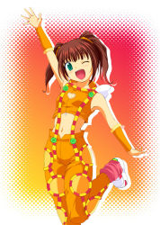  arm_up cosmic_&amp;_funny_(idolmaster) green_eyes idolmaster idolmaster_(classic) navel one_eye_closed open_mouth takatsuki_yayoi twintails wink  rating:Sensitive score:6 user:whoisthisguy