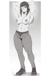 1girl absurdres armpits arms_behind_head arms_up breasts eyepatch female_focus full_body highres jormungand_(manga) large_breasts long_hair looking_at_viewer monochrome muscular muscular_female navel sofia_valmer solo speedl00ver topless unbuttoned_pants 