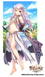 1girl age_of_ishtaria barefoot bird breasts brown_eyes copyright_name copyright_notice eyebrows feather_hair_ornament feathers feet full_body groin hair_ornament highres instrument long_hair looking_at_viewer medoi navel open_mouth original purple_hair saeki_touma side_ponytail sideboob solo toki_no_ishutaria