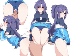 1boy 1girl against_wall ass blue_archive blue_buruma blue_hair blue_jacket blush breasts breath buruma censored clothed_sex clothing_cutout crotch_cutout crotchless erection girl_on_top grinding heavy_breathing hetero highres imminent_penetration imminent_vaginal jacket just_the_tip kumasteam long_hair looking_at_viewer mosaic_censoring motion_lines multiple_views off_shoulder official_alternate_costume penis pussy sex sex_from_behind simple_background solo_focus standing standing_sex thigh_sex thighs track_jacket underwear vaginal very_long_hair white_background yuuka_(blue_archive) yuuka_(gym_uniform)_(blue_archive) 