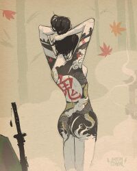  1girl adjusting_hair arm_tattoo arms_up artist_logo back_tattoo black_hair breasts completely_nude falling_leaves from_behind highres irezumi justin_o&#039;neal katana leaf nude original planted planted_sword planted_weapon solo sword tattoo tree weapon 