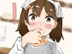 ! 1girl blush brown_eyes brown_hair clothing_request co_botan commentary_request dot_nose finger_in_own_mouth hand_up kantai_collection long_sleeves medium_hair raised_eyebrows ryuujou_(kancolle) short_twintails solo twintails upper_body wide-eyed rating:Sensitive score:4 user:danbooru