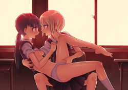  2girls after_kiss backlighting bandaid bandaid_on_face barefoot black_hair black_skirt blonde_hair blunt_bangs blush breasts brown_eyes chair classroom clothes_lift copyright_request desk earrings eye_contact feet femdom fingering fingering_through_clothes fingering_through_panties from_side girl_on_top hair_tie hand_on_another&#039;s_back highres indoors jewelry kneehighs leaning_to_the_side long_hair looking_at_another low_twintails multiple_girls nipple_slip nipples nishikasai_munieru no_bra open_mouth panties pleated_skirt pussy_juice saliva saliva_trail school school_desk school_uniform shirt_lift short_hair short_sleeves single_kneehigh single_sock sitting skirt small_breasts socks spread_legs stud_earrings sweat sweater_vest tareme thighs through_clothes toes tongue tongue_out twintails underwear white_legwear white_panties window yuri  rating:Explicit score:282 user:danbooru