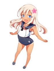  10s 1girl bare_shoulders blonde_hair blue_eyes blush covered_navel crop_top epee_(lotion) flower hair_flower hair_ornament hibiscus highres kantai_collection looking_at_viewer one-piece_swimsuit one-piece_tan open_mouth ro-500_(kancolle) sailor_collar school_swimsuit simple_background sleeveless slippers smile solo swimsuit swimsuit_under_clothes tan tanline white_background 