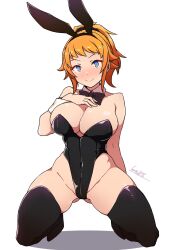 1girl animal_ears batta_16-sei black_leotard black_thighhighs blue_eyes breasts cleavage closed_mouth commentary_request fake_animal_ears gundam gundam_build_fighters hand_on_own_chest highleg highleg_leotard highres hoshino_fumina kneeling large_breasts leotard looking_at_viewer orange_hair ponytail rabbit_ears signature simple_background smile solo strapless strapless_leotard thighhighs white_background white_wrist_cuffs wrist_cuffs 
