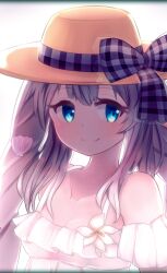  1girl absurdres bare_shoulders blue_eyes blush bow breasts brown_hat closed_mouth collarbone commentary_request dress fate/grand_order fate_(series) flower frilled_dress frills grey_hair hat hat_bow highres long_hair looking_at_viewer marie_antoinette_(fate) marie_antoinette_(fate/grand_order) marie_antoinette_(swimsuit_caster)_(fate) plaid plaid_bow shell_hair_ornament sleeveless sleeveless_dress small_breasts smile solo twintails upper_body white_dress white_flower yuya090602 