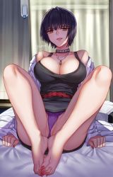  1girl absurdres barefoot bed black_hair breasts brown_eyes cleavage feet highres intravenous_drip jewelry lab_coat large_breasts looking_at_viewer miniskirt nail_polish necklace open_mouth panties pantyshot persona persona_5 short_hair skirt takemi_tae tank_top toenail_polish toenails toes underwear yaoto  rating:Questionable score:131 user:ssfl