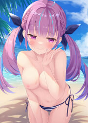  1girl ahoge bare_shoulders beach bikini blue_hair blue_nails blush braid breasts cleavage closed_mouth collarbone colored_inner_hair commentary_request cowboy_shot curvy day eyelashes front-tie_bikini_top front-tie_top hair_ribbon highres hololive kurono_yuzuko large_breasts leaning_forward long_hair looking_at_viewer minato_aqua multicolored_hair nail_polish navel nipples ocean outdoors paid_reward_available purple_eyes purple_hair ribbon side-tie_bikini_bottom side_braids smile solo split_mouth streaked_hair striped_bikini striped_clothes sweat swimsuit thigh_gap thighs topless tsurime twintails two-tone_hair very_long_hair virtual_youtuber whispering 