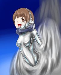 1girl aomatu_spaghe blue_background breasts brown_eyes brown_hair female_focus godzilla:_city_on_the_edge_of_battle godzilla:_planet_of_the_monsters godzilla:_the_planet_eater godzilla_(series) medium_breasts metal metal_breasts metal_girl metal_skin multicolored_background nanometal nude one_eye_closed open_mouth polygon_pictures shiny_skin short_hair solo solo_focus stuck tani_yuko toho transformation transformation wide_hips rating:Questionable score:4 user:Hunterman121
