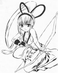  1girl archery bikini breasts cleavage fingerless_gloves gloves highres large_breasts legs long_hair looking_at_viewer majikina_mina monochrome navel ponytail samurai_spirits sarong sitting snk solo swimsuit thighs traditional_media 