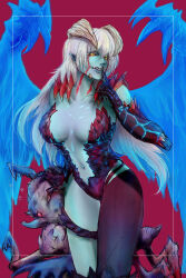  1girl breasts claws colored_skin compound_eyes demon demon_girl demon_horns demon_wings devil_may_cry_(series) devil_may_cry_5 devil_trigger genderswap genderswap_(mtf) glowing glowing_eyes glowing_wings highres holding horns large_breasts long_hair minicooly nero_(devil_may_cry) sharp_teeth shining solo teeth transformation white_hair wings yellow_eyes 