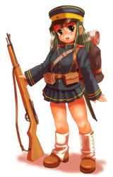  1girl :d arm_at_side backpack bag bedroll belt belt_pouch blush boots full_body green_eyes green_hair gun hat holding holding_gun holding_weapon long_hair looking_at_viewer military military_hat military_uniform moriichi open_mouth original pouch smile solo standing uniform weapon white_background 