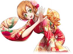 1girl all_fours artist_request back_bow blush bow braid braided_bun breasts code_geass code_geass:_lost_stories female_focus floral_print_kimono flower game_cg hair_bun hair_flower hair_ornament hair_ribbon hand_up happy japanese_clothes kimono leaning_forward light_blush long_hair long_sleeves looking_at_viewer lotus medium_breasts non-web_source obi official_art open_mouth orange_hair pink_flower red_kimono red_ribbon ribbon sash shirley_fenette simple_background smile socks solo tassel teeth transparent_background white_socks wide_sleeves yellow_eyes