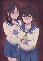  2girls 631 ascot brooch brown_eyes brown_hair corpse_party curly_hair frown hair_rings hand_on_another&#039;s_shoulder hand_on_own_chest highres jewelry kisaragi_academy_school_uniform long_sleeves multiple_girls nakashima_naomi parted_lips pleated_skirt school_uniform serafuku shaded_face shinohara_seiko short_hair skirt 