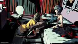  2girls ale_(ale_halexxx) arm_support bed black_hair blush censored chair closed_eyes collar commission cunnilingus denim denim_skirt highres kawakami_sadayo leaning_back mosaic_censoring multiple_girls oral pantyhose persona persona_5 pussy reclining revision shirt short_hair skirt striped_clothes striped_shirt studded_collar tachihanabishi takemi_tae torn_clothes torn_pantyhose yuri 