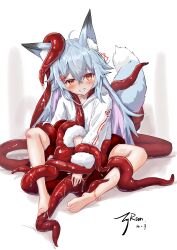  1girl absurdres animal_ear_fluff animal_ears arm_grab bare_legs barefoot blue_hair bound bound_wrists drooling fox_ears fox_girl fox_tail full_body fur-trimmed_sleeves fur_trim highres hood hood_down hoodie light_blue_hair long_hair long_sleeves lyran mucus multicolored_hair orange_eyes original pink_hair restrained saliva sitting slimy tail tears tentacle_around_neck tentacles tentacles_under_clothes two-tone_hair white_hoodie  rating:Explicit score:8 user:danbooru