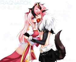  1boy 1girl ahoge animal_ear_piercing animal_ears arch_bishop_(ragnarok_online) bishounen black_cape black_eyeliner black_gloves black_hair black_wings blue_eyes blush breasts cape character_name cleavage_cutout clothing_cutout commentary_request copyright_name cowboy_shot cross dress ear_wings earrings elbow_gloves eyeliner facepaint fang frilled_thighhighs frills gloves hair_between_eyes hands_on_another&#039;s_chest hands_on_another&#039;s_shoulder hetero highres hongbao jewelry juliet_sleeves lanmei_jiang long_bangs long_hair long_sleeves looking_at_viewer looking_to_the_side makeup medium_breasts multicolored_hair multiple_earrings open_mouth partially_fingerless_gloves pelvic_curtain pink_hair puffy_sleeves ragnarok_online red_dress shadow_chaser_(ragnarok_online) sidelocks simple_background smile split-color_hair tail thighhighs two-tone_dress variant_set waist_cape white_background white_dress white_thighhighs wings wolf_boy wolf_ears wolf_tail 
