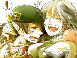  ! +++ 1boy 1girl bangs beret blush breasts brown_gloves brown_hair brown_shirt closed_eyes coat commentary_request cropped_jacket cross cross_necklace fingerless_gloves gloves green_eyes green_headwear hair_between_eyes hat hetero hug hunter_(ragnarok_online) jacket jewelry laughing long_hair looking_at_another medium_breasts necklace open_mouth piglet pointy_ears priest_(ragnarok_online) ragnarok_online red_coat savage_babe shirt smile spoken_exclamation_mark tomitake_noko white_hair white_jacket 