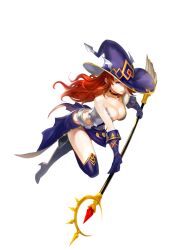  1girl boots breasts character_request eurasaga full_body gloves hat heels large_breasts one_eye_obstructed red_hair serious skirt smile staff transparent_background witch witch_hat  rating:Sensitive score:0 user:Miyuki_Lust