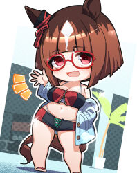  1girl alternate_costume animal_ears breasts brown_hair chibi cleavage collarbone commentary_request glasses highres horse_ears horse_girl horse_tail looking_at_viewer medium_breasts medium_hair navel open_mouth red_eyes solo standing tail transcend_(umamusume) umamusume warashi white_background  rating:Sensitive score:4 user:danbooru