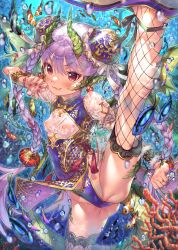  1girl :3 air_bubble ass blush bracelet braid bubble bun_cover china_dress chinese_clothes commentary_request coral covered_erect_nipples cowboy_shot double_bun dragon_girl dress earrings fang fighting_stance fish fishnet_thighhighs fishnets groin groin_tendon hair_bun high_kick horns jewelry kicking kink_(tortoiseshell) leg_lift leg_up leotard long_hair looking_at_viewer original pink_hair red_eyes ring see-through see-through_sleeves short_sleeves smile solo split standing standing_on_one_leg standing_split thighhighs towako_(akane_shinsha) twin_braids underwater v-shaped_eyebrows very_long_hair wet wrist_cuffs 