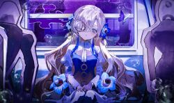  1girl bags_under_eyes blue_dress blue_eyes blue_flower bubble bug butterfly cardboard_cutout cleavage_cutout clothing_cutout commentary_request dress feet_out_of_frame flower grey_hair hair_flower hair_ornament hair_over_one_eye hands_on_lap head_tilt highres insect isekai_joucho juliet_sleeves kamitsubaki_studio kurehalxxx long_hair long_sleeves looking_at_viewer multicolored_hair one_eye_covered parted_lips puffy_sleeves shrug_(clothing) sitting solo streaked_hair train_interior very_long_hair virtual_youtuber wavy_hair white_sleeves wide_sleeves 