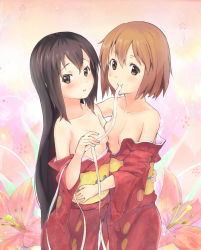 2girls alternate_hairstyle asymmetrical_docking bare_shoulders black_hair blush breast_press brown_eyes brown_hair censored convenient_censoring flat_chest flower hair_down highres hirasawa_yui hug japanese_clothes k-on! kimono kimono_pull looking_at_viewer mouth_hold multiple_girls nakano_azusa ribbon_in_mouth short_hair shouin small_breasts smile undressing yuri rating:Questionable score:57 user:danbooru