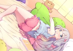  10s 1girl ass azumi_akitake bare_arms bare_shoulders barefoot bed bedroom blue_eyes blush book bow child colored_eyelashes curtains embarrassed eromanga_sensei from_behind gradient_hair grey_hair hair_bow hug indoors izumi_sagiri long_hair looking_at_viewer looking_back low-tied_long_hair lying multicolored_hair hugging_object on_bed on_side open_mouth pajamas parted_lips pink_bow pink_hair signature solo stuffed_animal stuffed_octopus stuffed_toy teddy_bear thighs tongue very_long_hair wavy_mouth  rating:Sensitive score:79 user:haruzaki