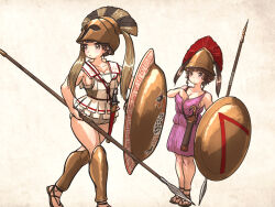  2girls ancient_greek_clothes armor aspis baldric breasts chiton cleavage corinthian_helmet greaves greco-roman_clothes highres holding holding_polearm holding_weapon hoplite ironlily large_breasts looking_to_the_side medium_breasts multiple_girls original plume polearm ponytail shield spear sword tunic twintails weapon 