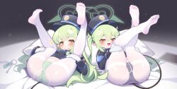  2girls absurdres armband black_hat black_panties black_tail blue_archive blue_armband blush breasts cjw1641762154 demon_tail feet feet_up gloves green_hair green_halo green_panties halo hat highres hikari_(blue_archive) legs legs_up loli long_hair long_sleeves looking_at_viewer lying multiple_girls no_shoes nozomi_(blue_archive) on_back panties pantyhose peaked_cap pointy_ears polka_dot polka_dot_panties siblings sisters small_breasts tail thighband_pantyhose twins underwear white_gloves white_pantyhose yellow_eyes 