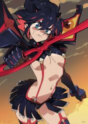  1girl black_hair black_skirt black_thighhighs blue_eyes breasts cleavage clenched_hand closed_mouth colored_inner_hair day frown highres holding holding_sword holding_weapon kill_la_kill long_hair looking_at_viewer matoi_ryuuko medium_breasts multicolored_hair optionaltypo outdoors pleated_skirt red_hair senketsu skirt sword thighhighs weapon  rating:Sensitive score:57 user:danbooru