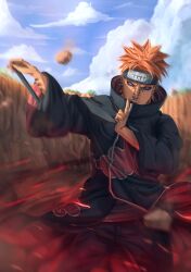  1boy 2019 akatsuki_uniform amegakure_symbol artist_name closed_mouth cloud cloudy_sky commentary dragon--anime ear_piercing earrings english_commentary forehead_protector highres jewelry lip_piercing long_sleeves male_focus nail_polish naruto_(series) naruto_shippuuden nose_piercing orange_hair outdoors pain_(naruto) piercing purple_eyes realistic red_nails rinnegan short_hair sky solo spiked_hair uniform 