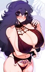  1girl @_@ arm_under_breasts bare_arms bare_shoulders black_bra black_eyeshadow black_nails black_panties blush bra breasts cleavage closed_mouth cowboy_shot creatures_(company) embarrassed eyeshadow female_focus from_side game_freak garter_belt hairband hand_up hex_maniac_(pokemon) highleg highleg_panties highres huge_breasts long_hair makeup nail_polish nervous nervous_smile nintendo panties pokemon pokemon_xy pubic_tattoo purple_eyes purple_hair purple_hairband purple_tatto sachiko_shirayuki simple_background smile solo standing straight-on tattoo thighs underwear wavy_mouth wide_hips  rating:Questionable score:72 user:Only_Kemonomimi