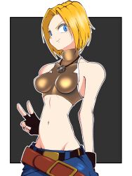 1girl arm_behind_back blonde_hair blue_eyes blue_mary breasts denim fatal_fury fingerless_gloves gloves gold highres jeans legs looking_at_viewer medium_breasts midriff navel pants short_hair smile snk solo the_king_of_fighters thighs v