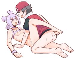 1boy 1girl armband ass blush bottomless breasts brown_eyes brown_hair clothes_lift creatures_(company) feet game_freak gen_1_pokemon hetero highres legendary_pokemon mewtwo nintendo nipples open_mouth personification pie_(aipiepo) pokemon pokemon_frlg purple_eyes purple_hair purple_top red_(pokemon) red_(pokemon_frlg) red_shirt sex shirt shirt_lift simple_background sweat tank_top toes white_background