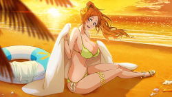 1girl bare_arms bare_shoulders beach bikini bleach bleach:_brave_souls bra breasts brown_eyes cleavage cloud facing_viewer floating_hair flower full_body hair_flower hair_ornament hand_up happy high_ponytail holding holding_towel innertube inoue_orihime large_breasts long_hair looking_at_viewer navel ocean official_art open_mouth orange_hair orange_sky outdoors panties ponytail sand sandals shadow shell shells side-tie_panties sitting sky smile solo sparkle sun sunset swim_ring swimsuit teeth tongue towel underwear water rating:Questionable score:73 user:zhilver