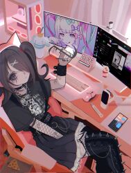  1girl ame-chan_(needy_girl_overdose) animal_ear_headphones animal_ears at_computer belt between_legs black_belt black_choker black_eyeliner black_hair black_nails black_shirt black_skirt blonde_hair blue_bow blue_eyes blue_hair bow cat_ear_headphones cellphone chain chair choker chouzetsusaikawa_tenshi-chan computer computer_tower cuffs cup curtains desk emo_fashion eyelashes eyeliner fake_animal_ears fishnet_gloves fishnet_thighhighs fishnets food gaming_chair gloves goth_fashion hair_bow hair_ornament hair_over_one_eye hairclip hand_between_legs headphones hello_kitty highres indoors irreligiositat jewelry keyboard_(computer) long_hair long_sleeves looking_at_viewer looking_back makeup monitor mouse_(computer) multicolored_hair multiple_hair_bows nail_polish necklace needy_girl_overdose office_chair phone pink_bow pink_hair pizza pleated_skirt quad_tails razor razor_blade sanrio scar self-harm_scar shirt short_sleeves sitting skirt smartphone smile solo spikes stylus swivel_chair thighhighs twintails x_hair_ornament  rating:Sensitive score:24 user:danbooru