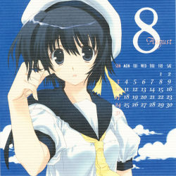  00s 2008 august black_hair calendar hat highres mitsumi_misato original short_hair sky solo  rating:Sensitive score:2 user:danbooru