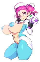 absurdres ahoge bodysuit breasts breasts_out center_opening double_bun energy_gun gloves hair_bun highres large_areolae large_breasts navel nipples original pink_eyes pink_hair ray_gun slugbox thick_thighs thighs weapon  rating:Explicit score:75 user:bruckbruck