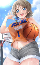 basket basketball blue_eyes bottle breasts brown_hair covered_erect_nipples curvy highres huge_breasts kirisaki_reina large_breasts looking_at_viewer love_live! love_live!_sunshine!! navel open_clothes open_shorts shirt short_shorts shorts smile watanabe_you water_bottle wet wet_hair rating:Questionable score:27 user:lucairy