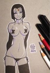  1girl 2014 black_hair breasts callmepo dc_comics elbow_gloves facing_viewer gloves looking_at_viewer medium_breasts navel outline panties pasties raven_(dc) side-tie_panties solo tagme tape tape_on_nipples teen_titans thighhighs underwear white_outline 