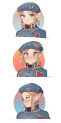  1boy absurdres blonde_hair blue_eyes blue_hat blush cropped_shoulders hat highres link looking_at_viewer looking_to_the_side multiple_views nintendo orange_background pointy_ears ponytail portrait royal_guard_set_(zelda) sweat the_legend_of_zelda the_legend_of_zelda:_breath_of_the_wild ttanuu. wavy_mouth white_background 
