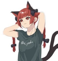  1girl :3 alternate_costume animal_ears arms_behind_head black_shirt cat_ears cat_girl cat_tail closed_mouth commentary_request extra_ears highres kaenbyou_rin multiple_tails red_eyes red_hair shirt simple_background solo tail touhou twitter_username two_tails upper_body white_background yadoyuki 