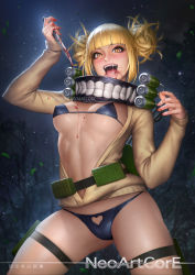 10s 1girl bikini black_bikini blonde_hair blood blush boku_no_hero_academia breasts double_bun fangs knife looking_at_viewer medium_breasts neoartcore open_clothes open_mouth open_shirt orange_eyes shirt short_hair signature skindentation smile solo swimsuit thigh_strap thighs toga_himiko rating:Questionable score:79 user:danbooru
