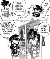 3girls bed blush bracelet claws closed_eyes closet comic dark-skinned_female dark_skin demon_girl demon_horns ear_piercing emo-girl_(grs-) emo-mom_(grs-) english_text grs- highres holding_own_arm horns jewelry long_hair medium_hair monochrome monster monster_girl mother_and_daughter multiple_girls no_mouth on_bed original piercing pillow pointy_ears ponytail pun short_ponytail simple_background sitting spiked_bracelet spikes too_literal 