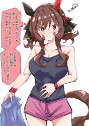  1girl alternate_costume alternate_hairstyle animal_ears annoyed breasts brown_hair cleavage closed_mouth collarbone commentary_request gentildonna_(umamusume) hair_between_eyes hair_ornament horse_ears horse_girl large_breasts looking_at_viewer medium_hair nodachi_(artist) red_eyes shirt shorts simple_background translation_request umamusume white_background 