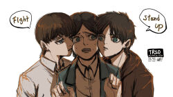  3boys aged_down blank_stare bowl_cut boy_sandwich brown_hair cheek-to-cheek empty_eyes english_text eren_kruger eren_yeager grisha_yeager heads_together highres male_focus mimi_(61743952) multiple_boys nervous_sweating sandwiched shingeki_no_kyojin short_hair speech_bubble sweat symbolism time_paradox tsurime upper_body vertical_eye_lines 