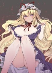 1girl bare_legs blonde_hair breasts choker cleavage closed_mouth clothes_pull dress dress_pull feet_out_of_frame hat hat_ribbon highres huge_breasts large_breasts long_hair mob_cap no_panties pulling_own_clothes purple_dress purple_eyes red_ribbon ribbon sitting smile solo thighs touhou tousen twitter_username white_hat yakumo_yukari rating:Sensitive score:48 user:danbooru
