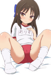  1girl blue_bow blush bow brown_eyes brown_hair buruma cameltoe cleft_of_venus closed_mouth commentary_request female_focus frown gym_shirt gym_uniform hair_bow hand_on_own_chest idolmaster idolmaster_cinderella_girls idolmaster_cinderella_girls_u149 leaning_back loli long_hair looking_at_viewer name_tag no_shoes pc_fworks red_buruma shirt simple_background sitting socks solo spread_legs tachibana_arisu white_background white_shirt white_socks  rating:Questionable score:161 user:danbooru